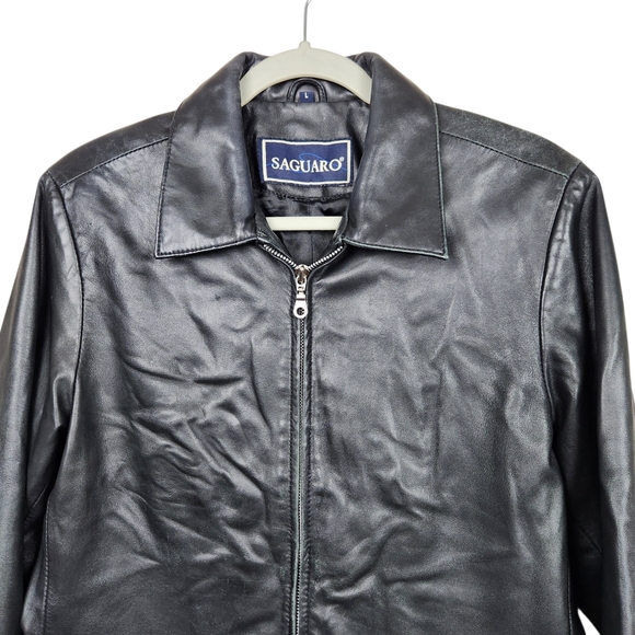 Saguaro Black 100% Leather Jacket Wide Collar Distressed Faded Womens Size L - Picture 2 of 11